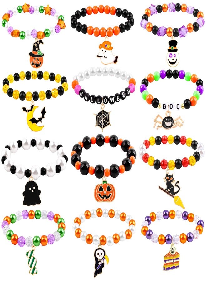 DULEFUN 12pcs Halloween Bracelets for Kids, Halloween Party Favors Bead Bracelets and Charms Set Trick or Treat for Boys Girls Halloween Goodie Bag Fillers - Image 1
